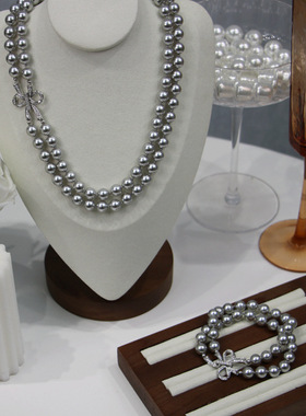 速卖通 闪钻蝴蝶结清冷铂金灰真多麻珍珠项链双层正圆感套装