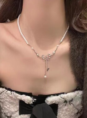 镂空蝴蝶结流苏仿珍珠项链女款轻奢小众设计感气质锁骨链2026新款