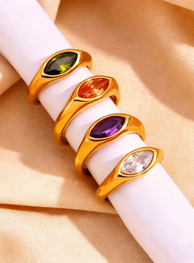 欧美跨境热销简约百搭时尚通勤镶钻马眼彩色锆石印章女士订婚戒指