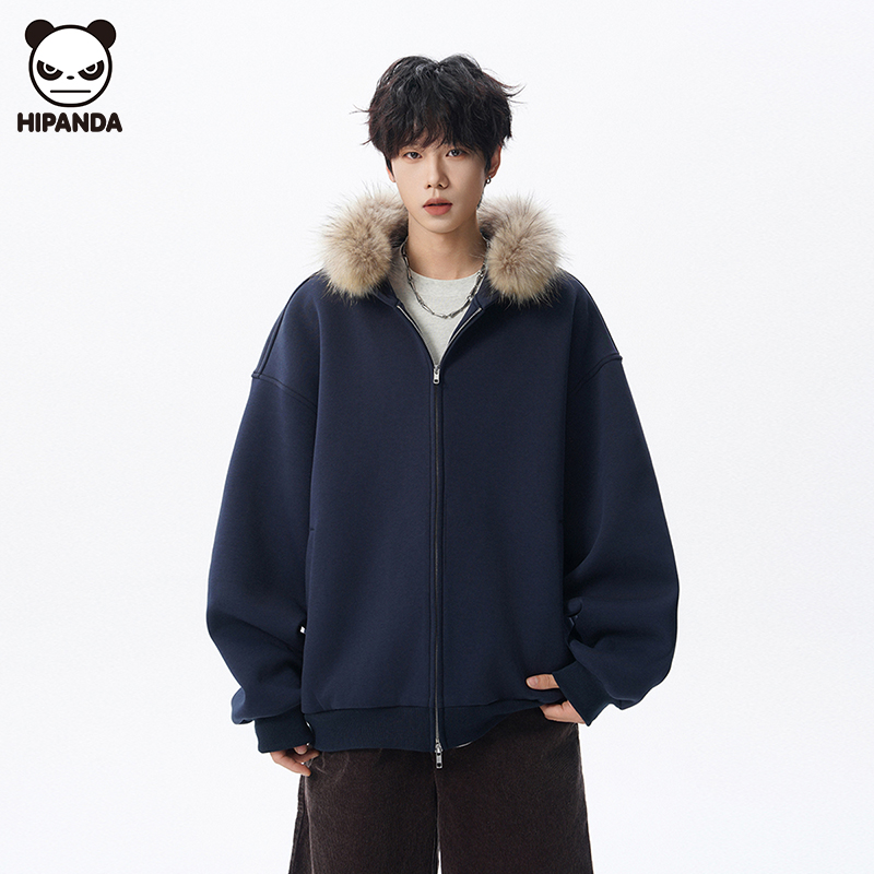 Hi Panda冬季美式毛领连帽卫衣男生潮流新款宽松百搭休闲开衫外套