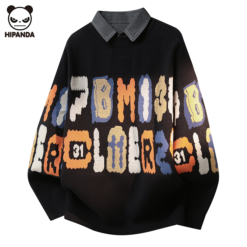 Hi Panda冬季新款衬衫领针织毛衣男生加厚保暖假两件内搭套头上衣