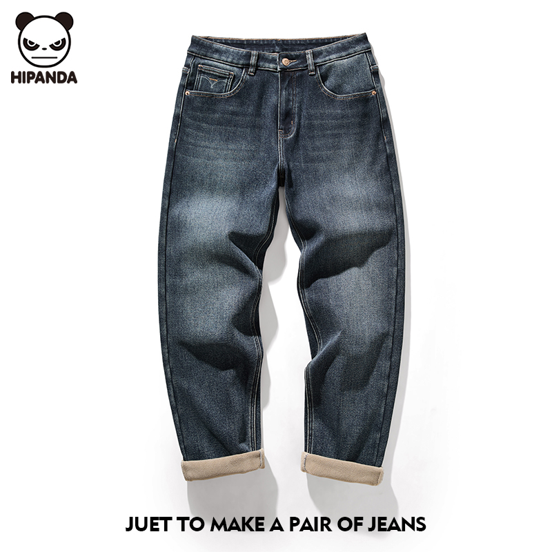 Hi Panda美式微锥形牛仔裤男士秋冬新款潮流宽松休闲加绒保暖长裤