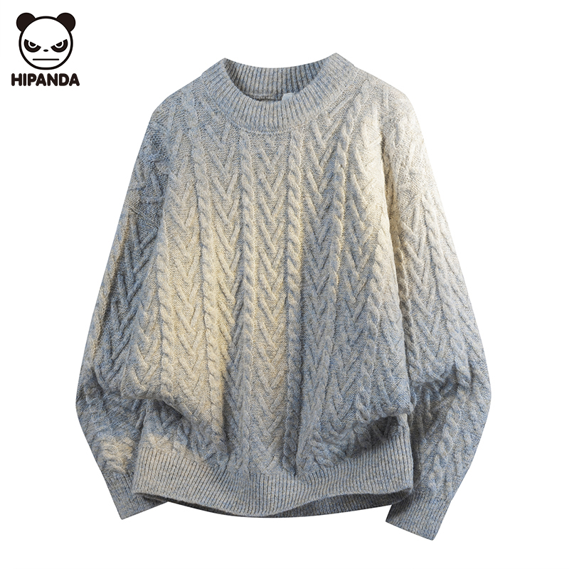 Hi Panda男士圆领麻花毛衣男秋冬新款宽松潮牌内搭保暖针织衫上衣
