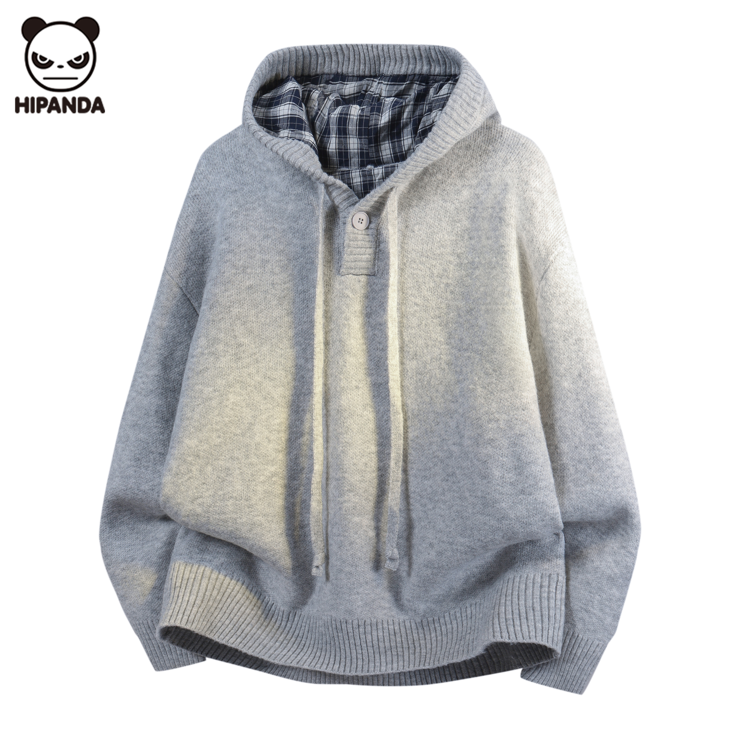 Hi Panda灰色美式连帽针织衫毛衣外套男秋冬新款慵懒加厚套头卫衣