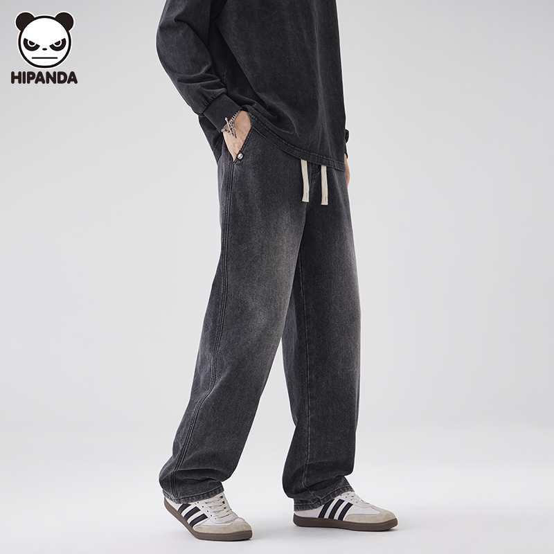 Hi Panda黑灰色美式直筒牛仔裤男秋冬新款宽松百搭潮流休闲阔腿裤