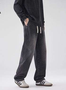 Hi Panda黑灰色美式直筒牛仔裤男秋冬新款宽松百搭潮流休闲阔腿裤