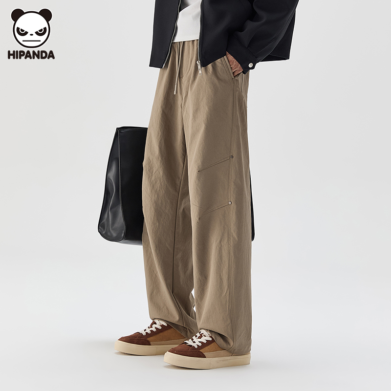 Hi Panda潮牌拼接直筒工装裤子男生秋冬新款美式宽松休闲弯刀裤子