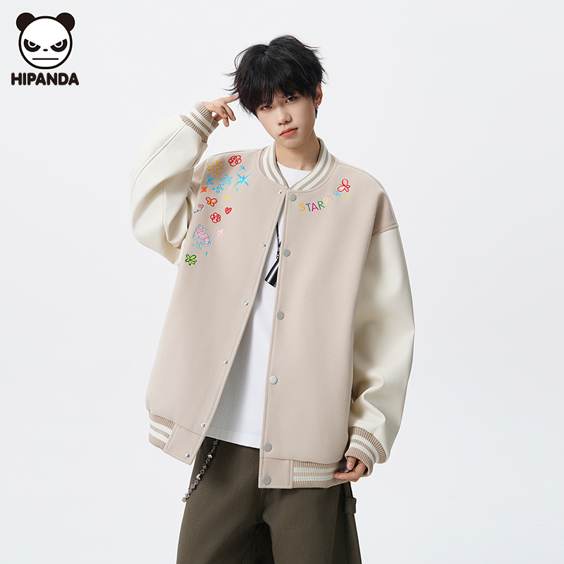 Hi Panda美式高街刺绣花卉棒球服男潮流秋冬新款宽松撞色夹克外套
