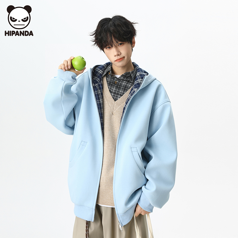 Hi Panda潮牌连帽格纹拉链开衫卫衣男秋冬新款慵懒风宽松休闲外套