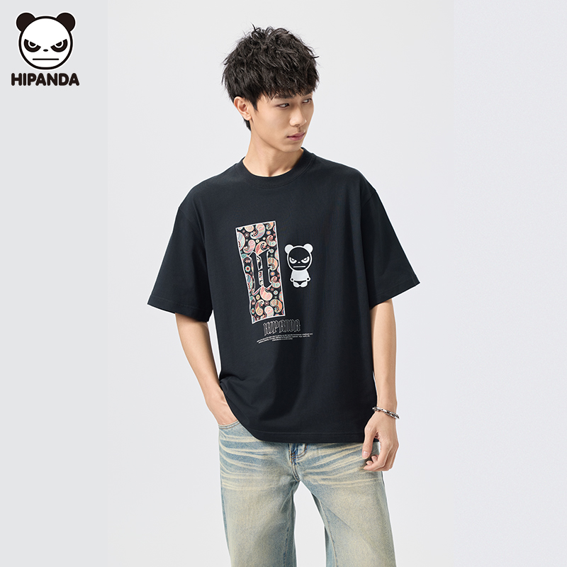 Hi Panda圆领短袖情侣装夏天款半袖体恤纯棉落肩熊猫印花宽松T恤