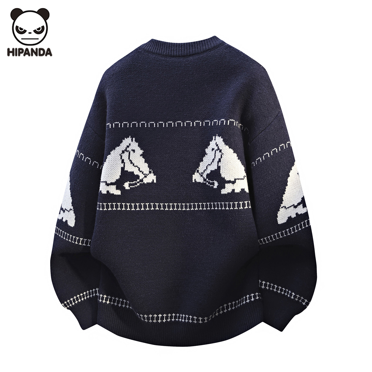 Hi Panda复古黑色小马费尔岛提花毛衣男冬季新品宽松圆领针织毛衫,男装,针织衫/毛衣,淘宝优惠券,粉丝福利购,淘宝优惠卷