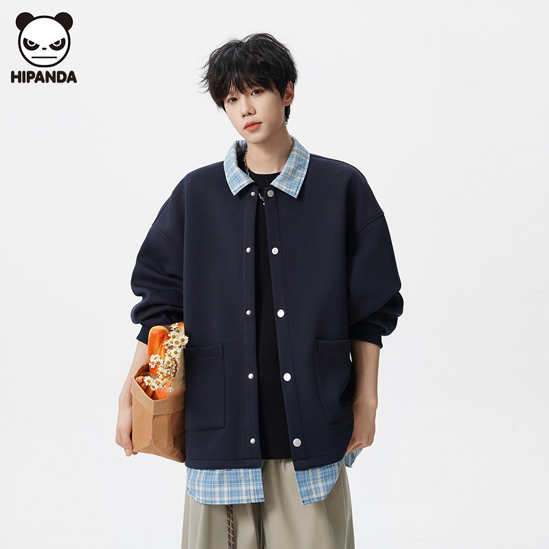 Hi Panda美式复古格子拼接开衫卫衣男秋冬新款潮流宽松假两件上衣