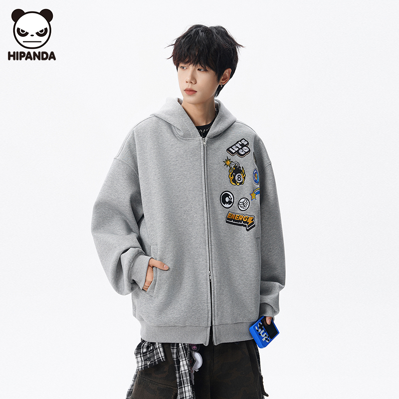 Hi Panda潮流连帽刺绣开衫卫衣男生秋冬新款高级感宽松休闲外套潮