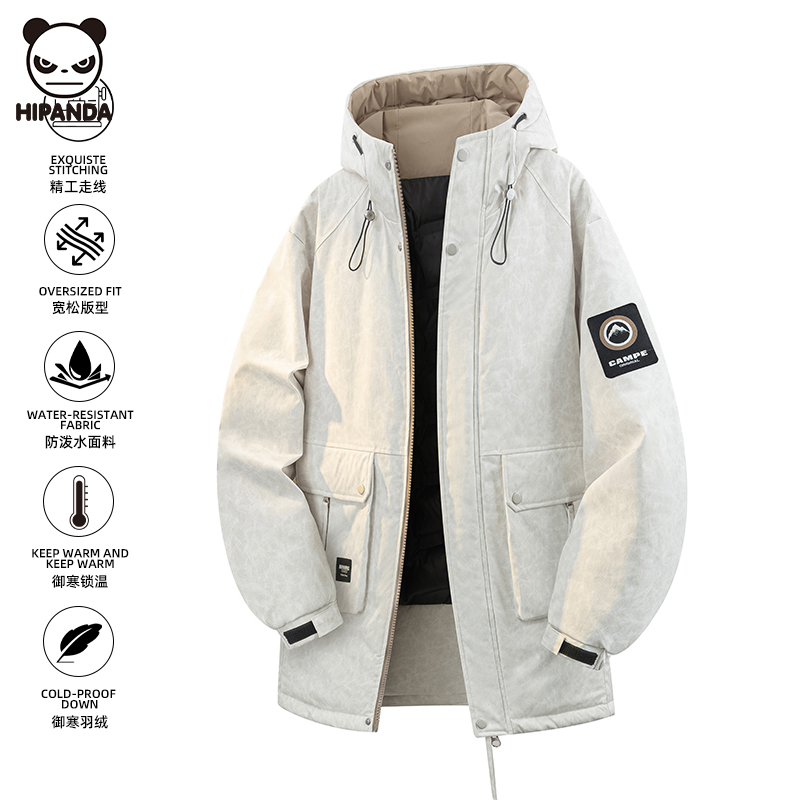 Hi Panda冬季户外中长款连帽羽绒服男女情侣加厚潮牌保暖棉服外套