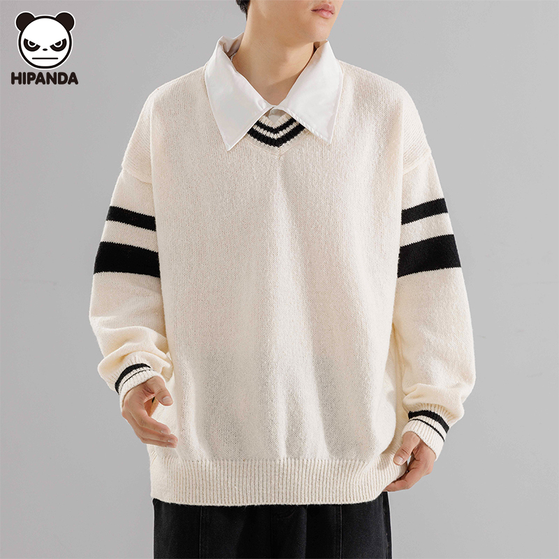 Hi Panda学院风撞色针织衫毛衣男士秋冬季新款宽松休闲假两件上衣