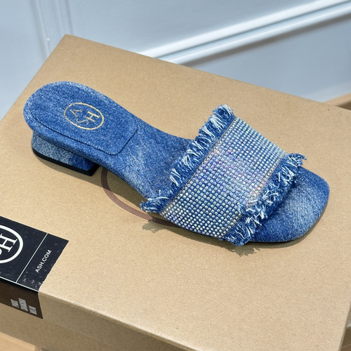 ASH低跟露趾丹宁水钻一字拖鞋