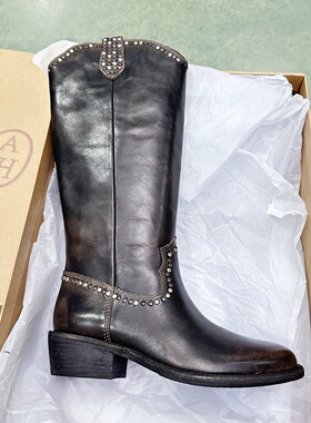 ASH秋冬粗跟游牧风长靴复古做旧骑士靴套筒牛仔靴女AO303L12057