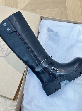 ASH女鞋2025秋冬皮带扣机车靴圆头厚底增高侧拉链长靴AP303L12021