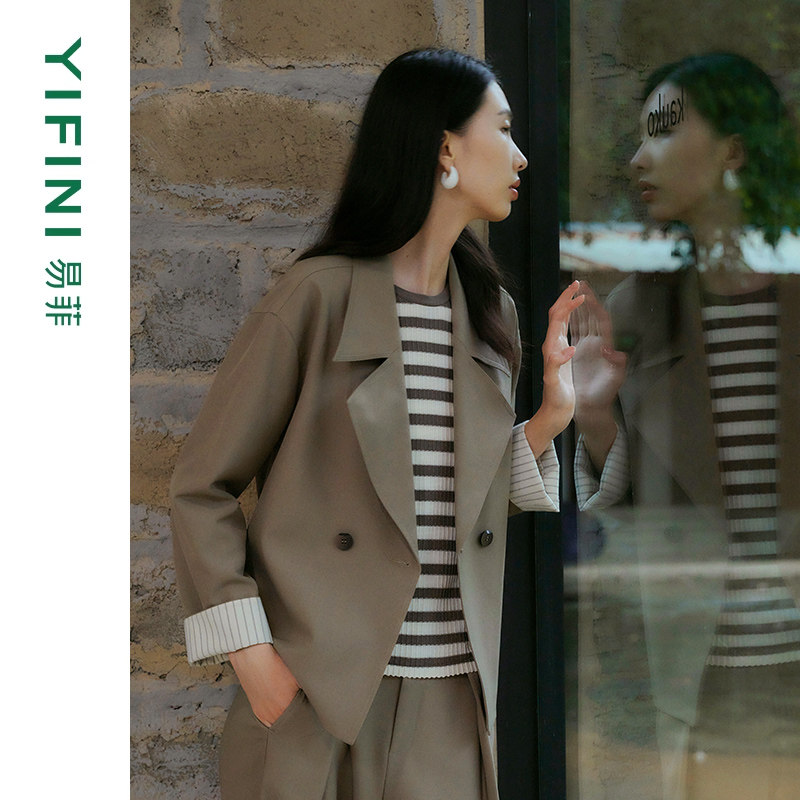 [专柜同款]Yifini/易菲戗驳领宽松短款四面弹时尚休闲外套25春新,女装/女士精品,短外套,淘宝优惠券,粉丝福利购,淘宝优惠卷