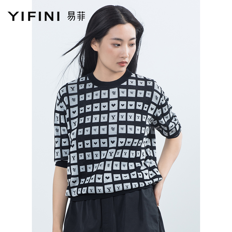 Yifini/易菲宽松休闲圆领短袖薄款毛衫女夏装新款印花针织衫