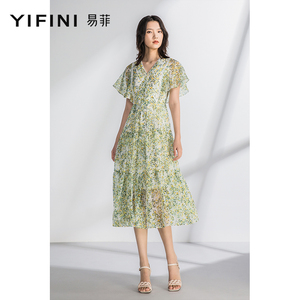 Yifini/易菲碎花薄款荷叶袖连衣裙女夏季新款V领雪纺蛋糕裙