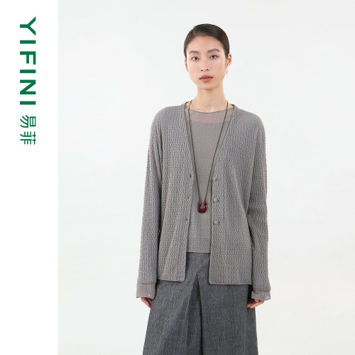 易菲醋酸棉宽松气质V领针织开衫