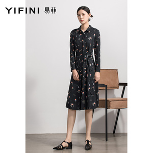 Yifini/易菲秋冬新款衬衫连衣裙简约高级感设计连身裙翻领中长款