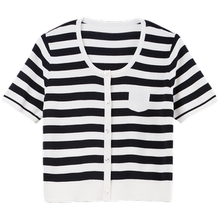 [专柜同款]Yifini/易菲黑白条纹印花短款针织毛衫女夏装新款