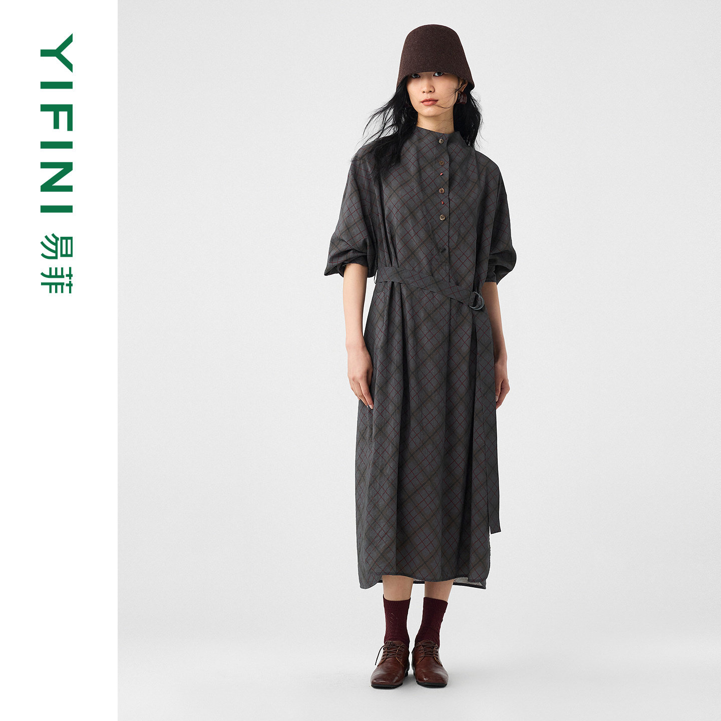 [专柜同款]Yifini/易菲桑蚕丝混纺菱形格印花气质长袖直筒连衣裙