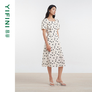 易菲波點(diǎn)通勤收腰方領(lǐng)短袖 Yifini 連衣裙夏裝 專柜同款 D04Y1420