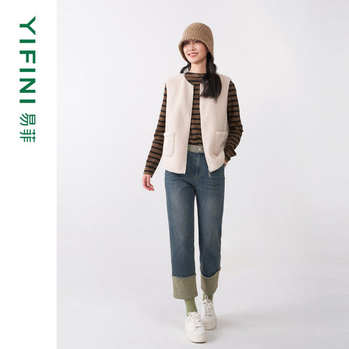 易菲颗粒感圆领宽松马夹外套