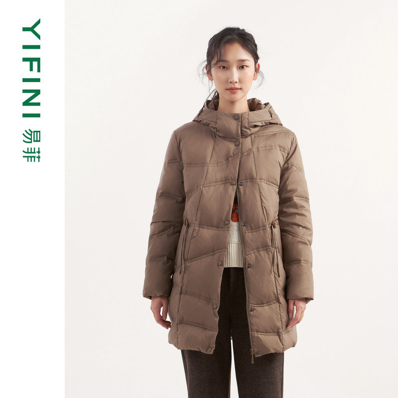 [专柜同款]Yifini/易菲中长款波浪绗线宽松连帽时尚羽绒服女冬