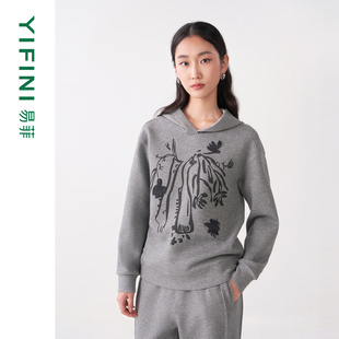 [专柜同款]Yifini/易菲原创印花连帽宽松短款卫衣女百搭上衣秋新