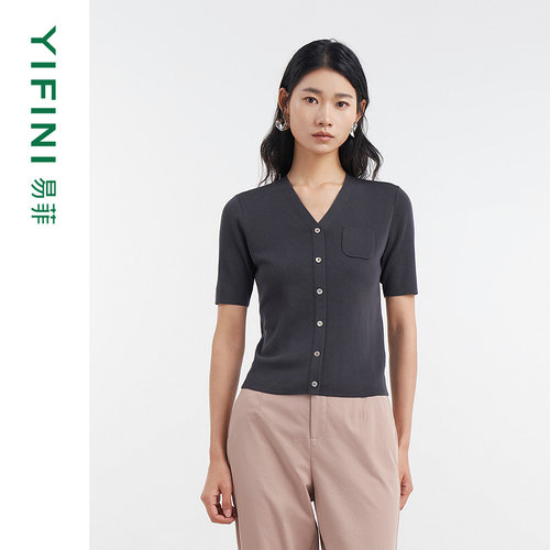 易菲假开襟V领套头短袖针织衫