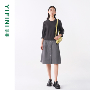 [专柜同款]Yifini/易菲宽松休闲假两件连衣裙女针织拼接条纹裙子