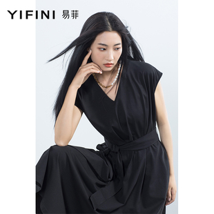 新款 Yifini 连衣裙女夏装 易菲薄款 收腰 高腰显瘦气质V领短袖