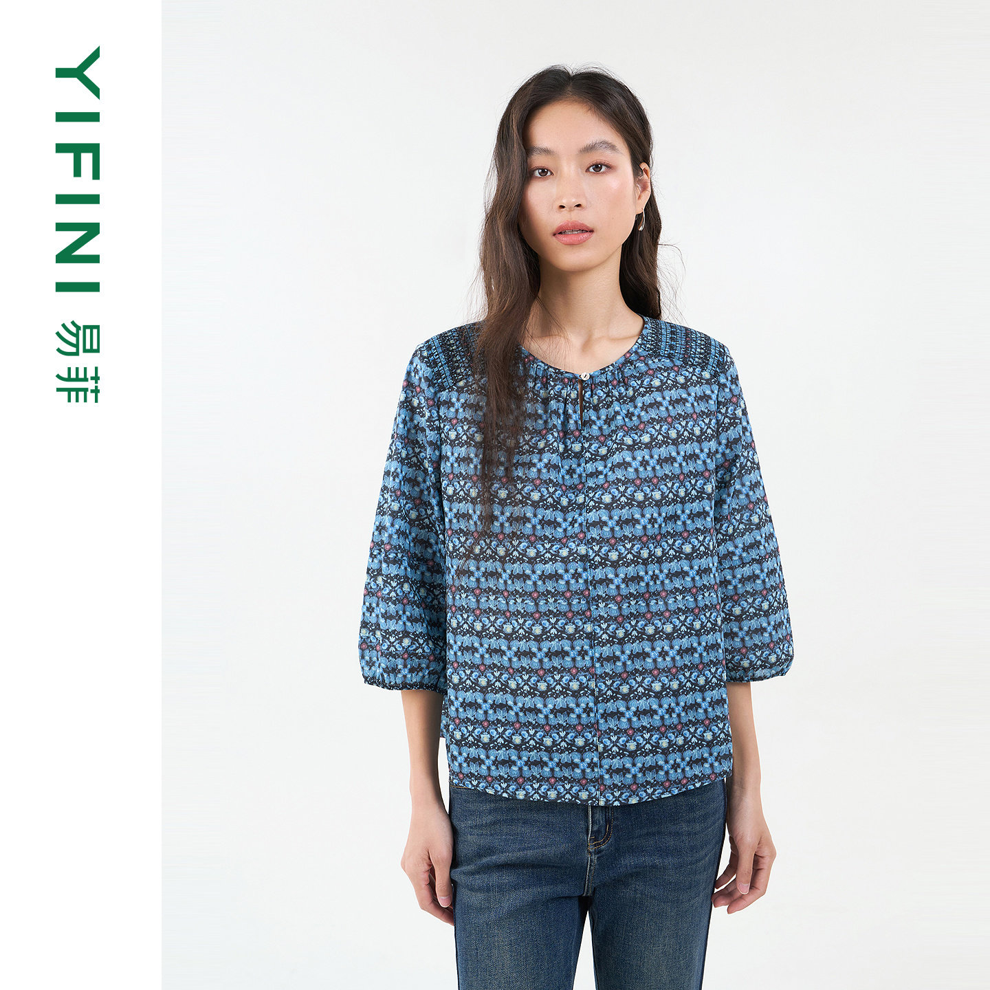 [专柜同款]Yifini/易菲纯棉印花正肩百搭通勤宽松短款小衫衬衫女