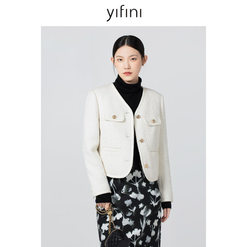 易菲短款外套小香风V领羽绒服