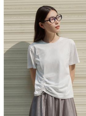 [专柜同款]Yifini/易菲简约圆领抽褶显瘦百搭T恤上衣女D04Z1017