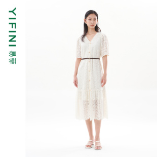 易菲镂空蕾丝优雅气质V领H型短袖 Yifini 连衣裙女夏新 专柜同款