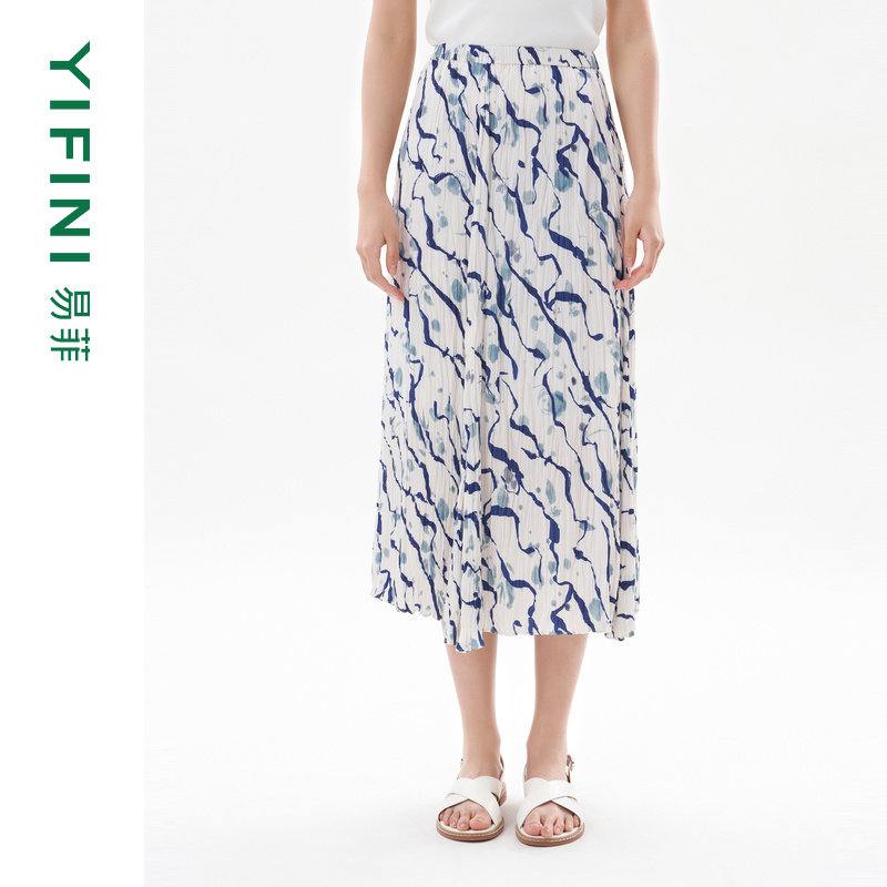 [专柜同款]Yifini/易菲海岛绒印花压褶宽松中长款半身裙女夏装,女装/女士精品,半身裙,淘宝优惠券,粉丝福利购,淘宝优惠卷