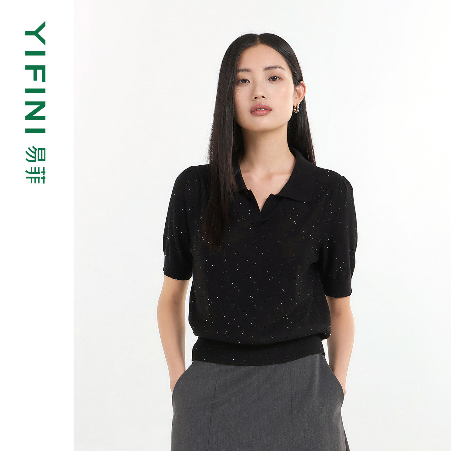 Yifini/易菲天丝三醋酸混纺翻领宽松烫钻短款毛衫夏季新款针织衫