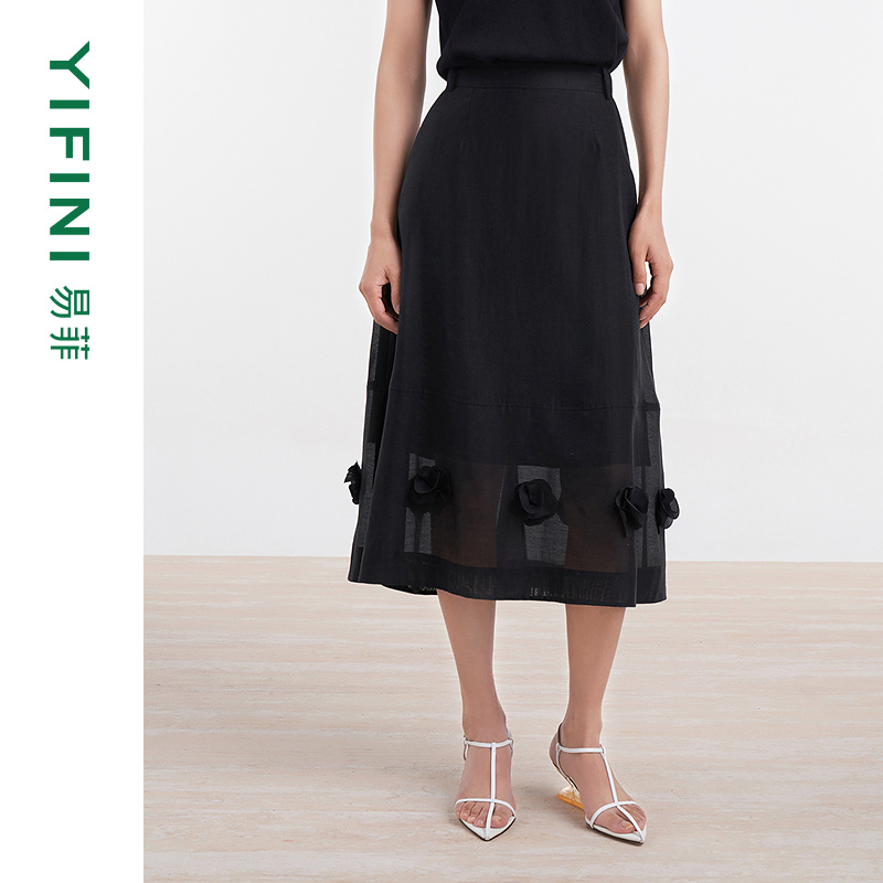 易菲亮光天丝仿麻凉感伞型半身裙