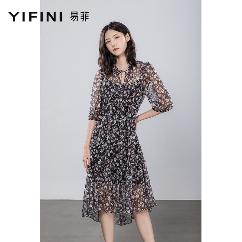 Yifini/易菲雪纺宽松连衣裙女印花中袖两件套中长款裙子夏新