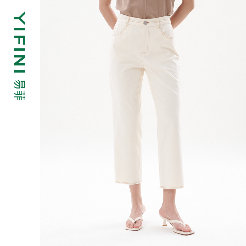 易菲白色显瘦法棍裤牛仔裤