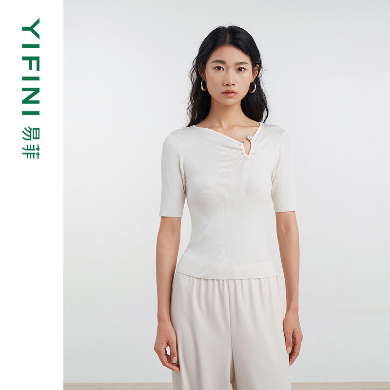 易菲钉珠短袖竖坑条短款针织衫