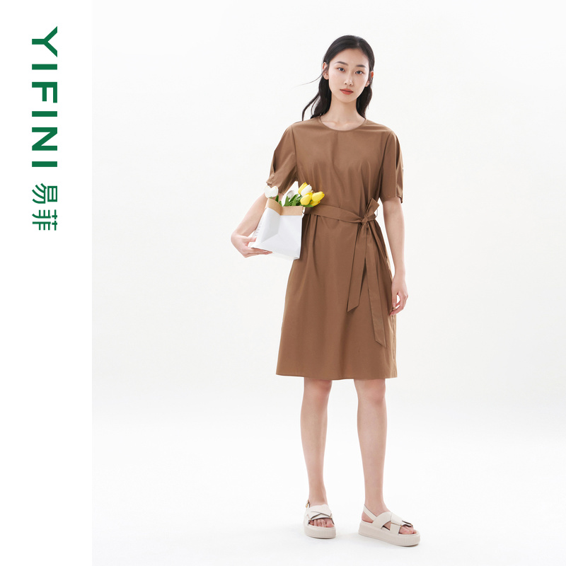 易菲短袖简约圆领时尚通勤连衣裙