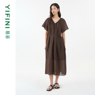 V领宽松系带收腰短袖 易菲法式 Yifini 仿麻气质连衣裙女 专柜同款