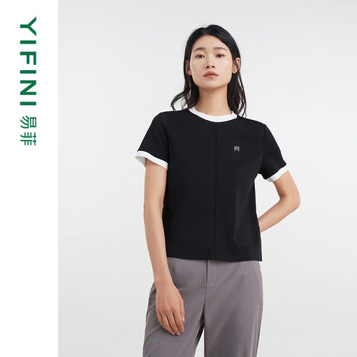 易菲时尚绣花短款撞边百搭T恤