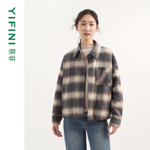 易菲纯棉格子宽松短款 Yifini 简约棉服外套女冬新 专柜同款
